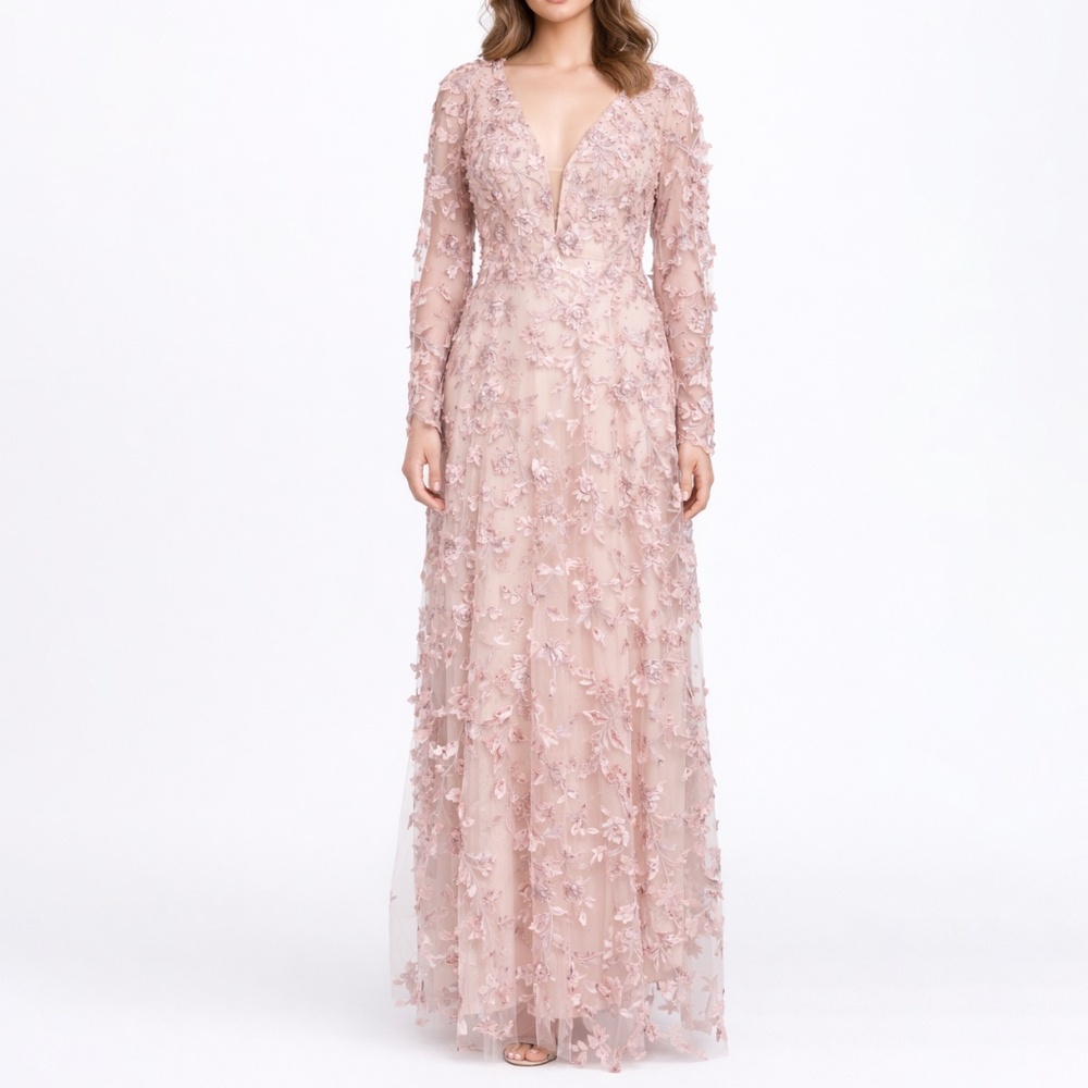Mac Duggal‎ - Pink Floral Applique Long Sleeve Illusion Gown